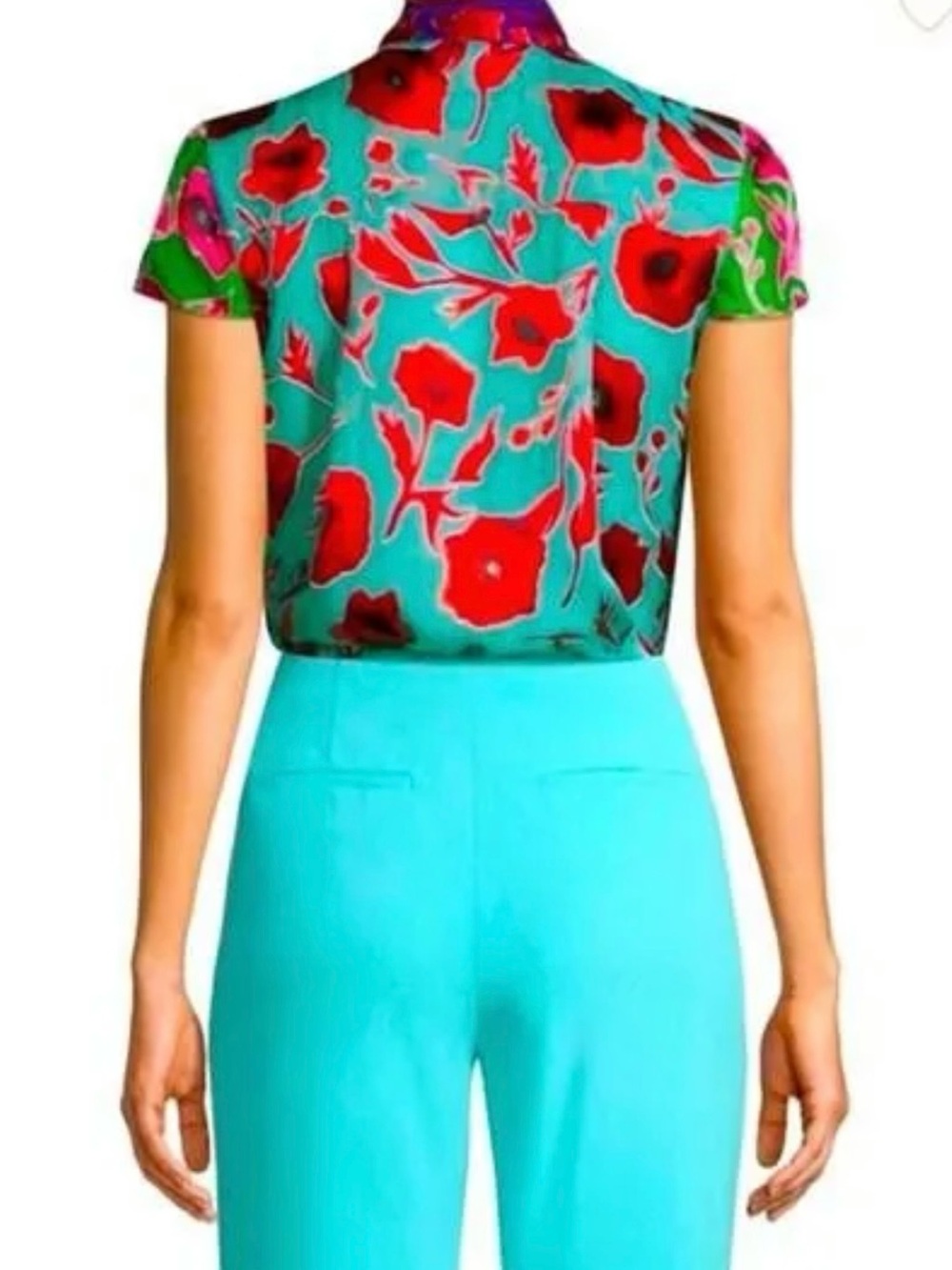 🌺NWT Alice + Olivia Jeannie Silk-Blend Bow Blouse Poppy Garden Bluebird Small🌺 - Picture 7 of 15